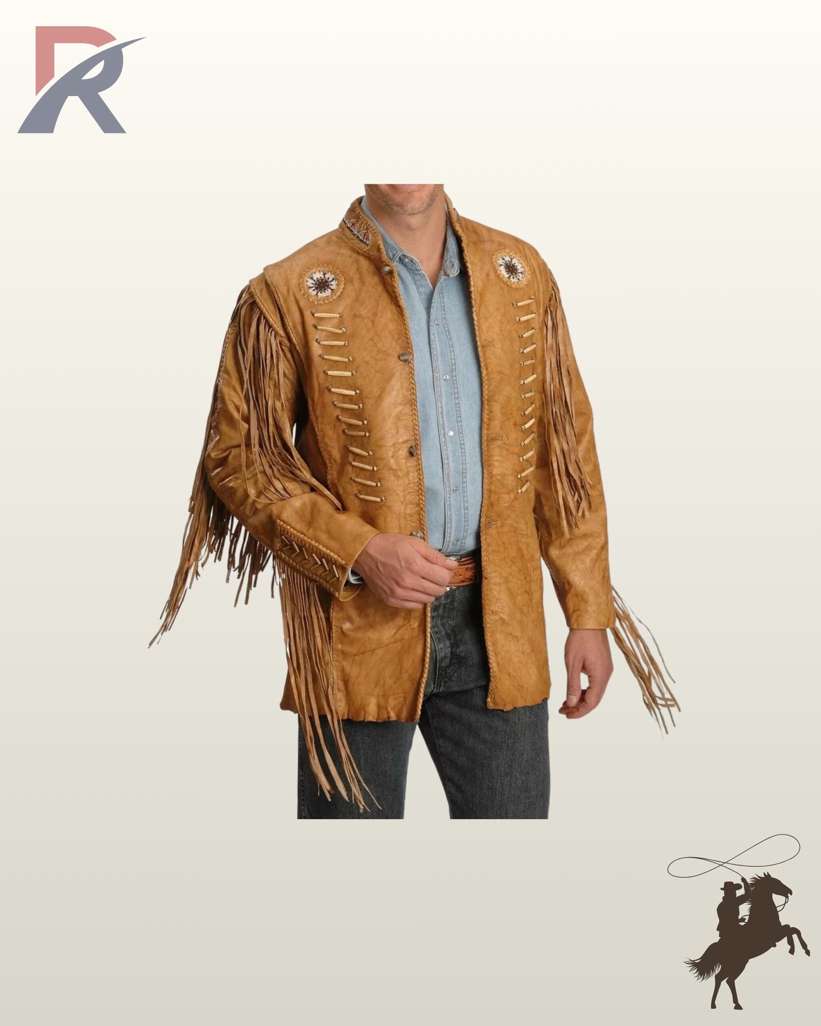 Traditional Native American style tan leather fringed coat styled with bone bead accents, braided leather cuffs, circular beaded chest patches, and a denim shirt.