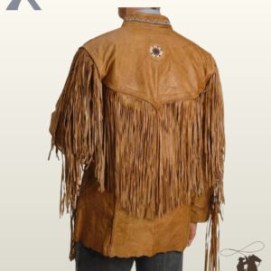 Back profile of a classic Native American style tan leather jacket showing long fringe trim, embroidered collar accents, and dark blue jeans.