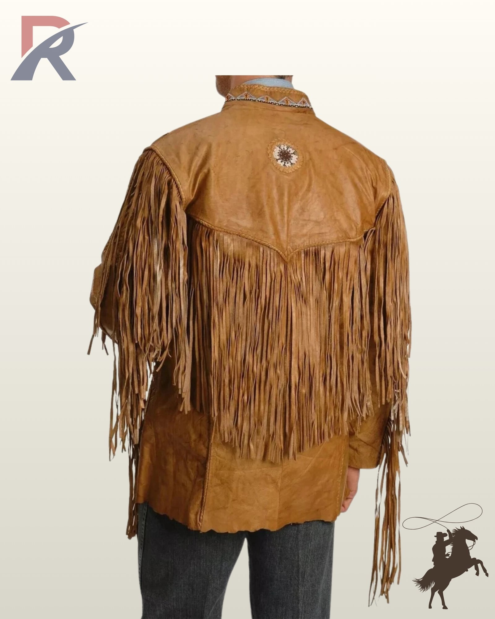 Back profile of a classic Native American style tan leather jacket showing long fringe trim, embroidered collar accents, and dark blue jeans.