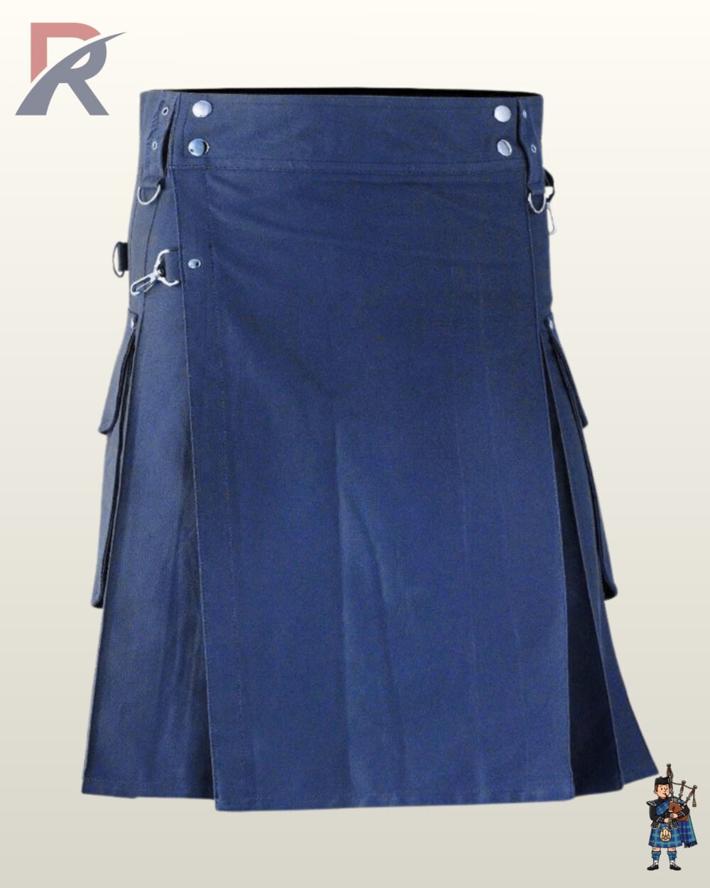 Men's dark navy alternative fashion kilt showing front strap detailing, belt loops, and spacious cargo pockets.