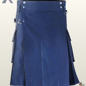 Men's dark navy alternative fashion kilt showing front strap detailing, belt loops, and spacious cargo pockets.