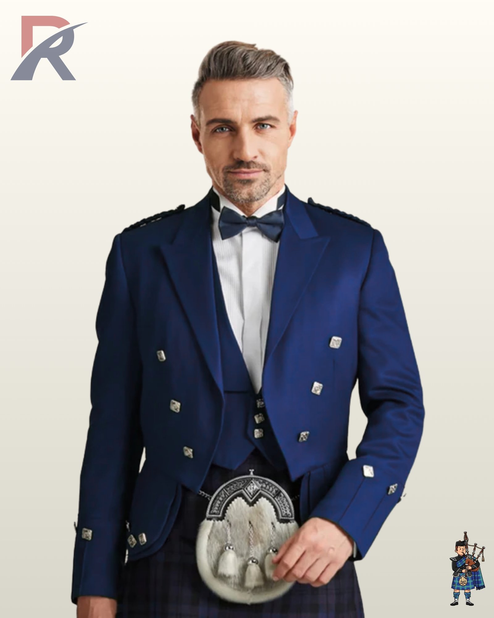 Medium close-up of a model wearing a royal navy blue Prince Charlie kilt jacket, low-cut waistcoat, dark bow tie, and fur sporran.