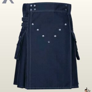 Front view of a men's navy blue utility kilt featuring a V-shape silver studded pattern on the front apron.