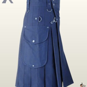 Gothic-style men's navy blue utility kilt featuring adjustable eyelet straps and flap-closure cargo pouches.