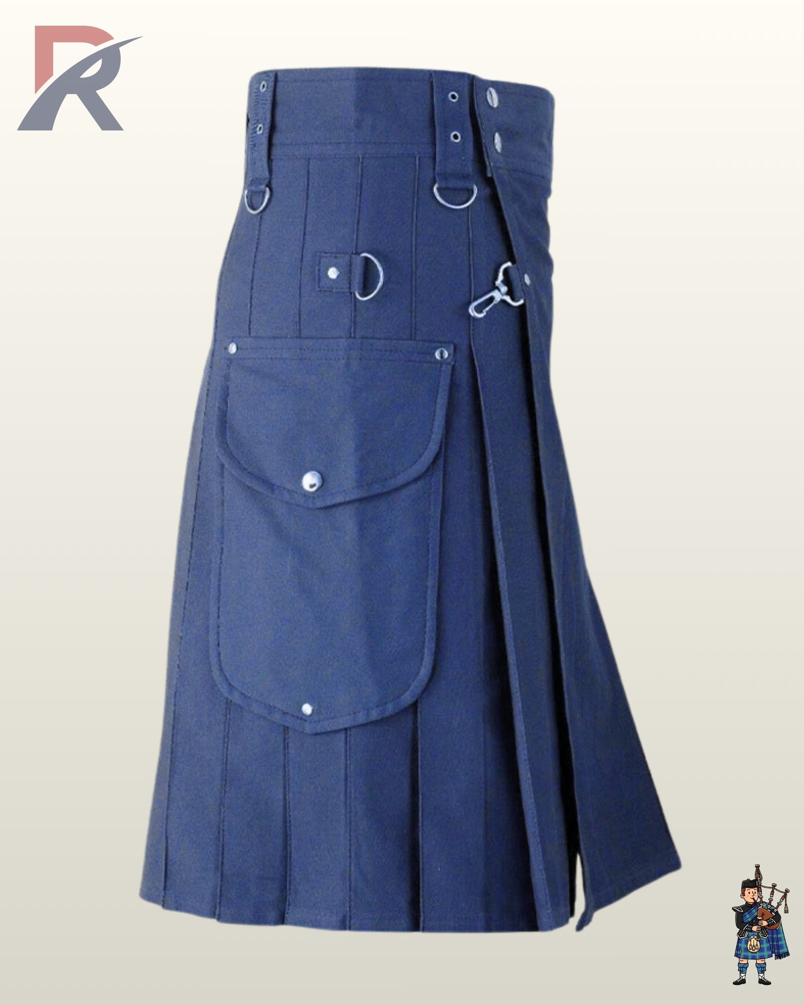 Gothic-style men's navy blue utility kilt featuring adjustable eyelet straps and flap-closure cargo pouches.