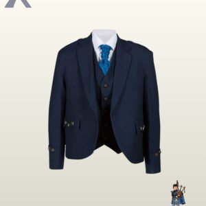 Front view of a men's navy blue Argyle kilt jacket and matching waistcoat styled with a white shirt and royal blue cravat tie.