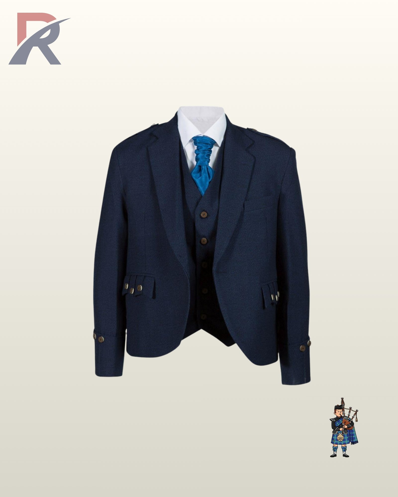 Front view of a men's navy blue Argyle kilt jacket and matching waistcoat styled with a white shirt and royal blue cravat tie.