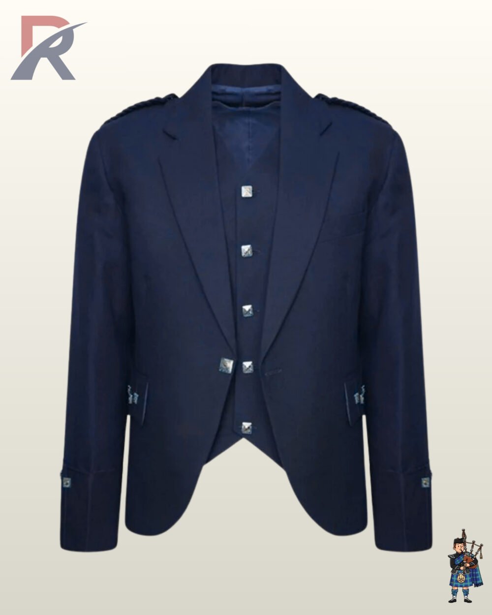 Front view of a men's navy blue wool Argyle kilt jacket paired with a matching 5-button vest and square silver hardware.