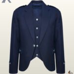 Front view of a men's navy blue wool Argyle kilt jacket paired with a matching 5-button vest and square silver hardware.
