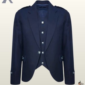 Front view of a men's navy blue wool Argyle kilt jacket paired with a matching 5-button vest and square silver hardware.