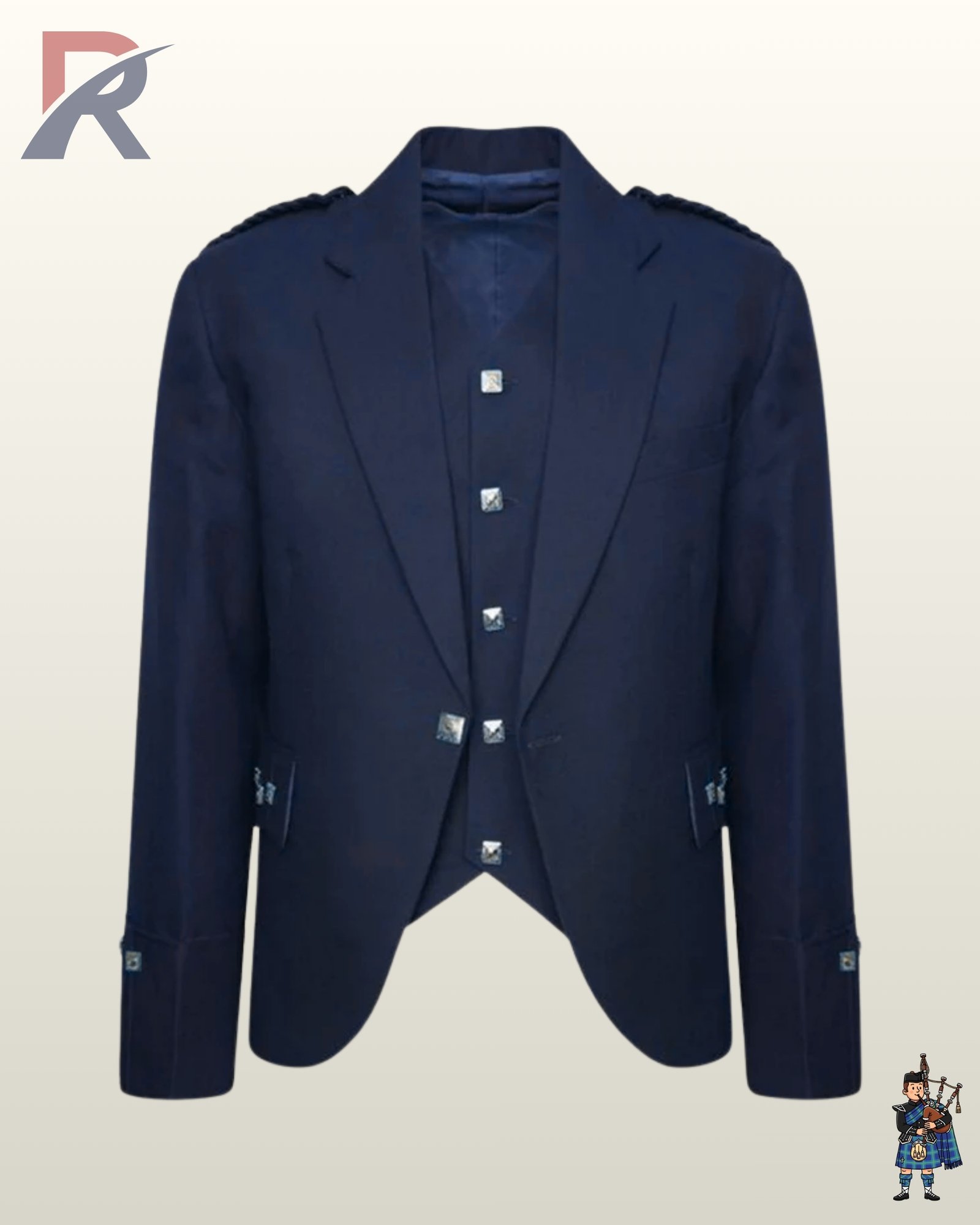 Front view of a men's navy blue wool Argyle kilt jacket paired with a matching 5-button vest and square silver hardware.
