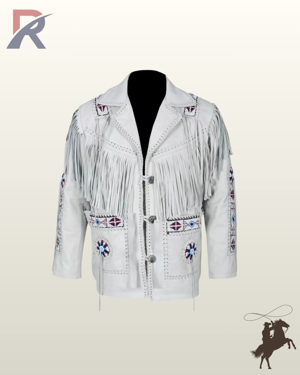 Traditional Native American style white leather fringed coat styled with colorful geometric beaded patches, silver hardware, and notched lapels.
