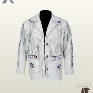Traditional Native American style white leather fringed coat styled with colorful geometric beaded patches, silver hardware, and notched lapels.