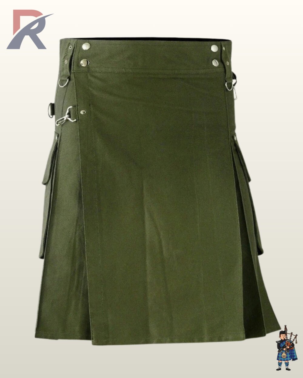 Men's olive green alternative fashion kilt showing side pleats, belt loops, and flap-closure cargo pouches.