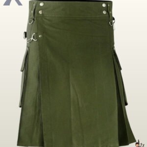 Men's olive green alternative fashion kilt showing side pleats, belt loops, and flap-closure cargo pouches.
