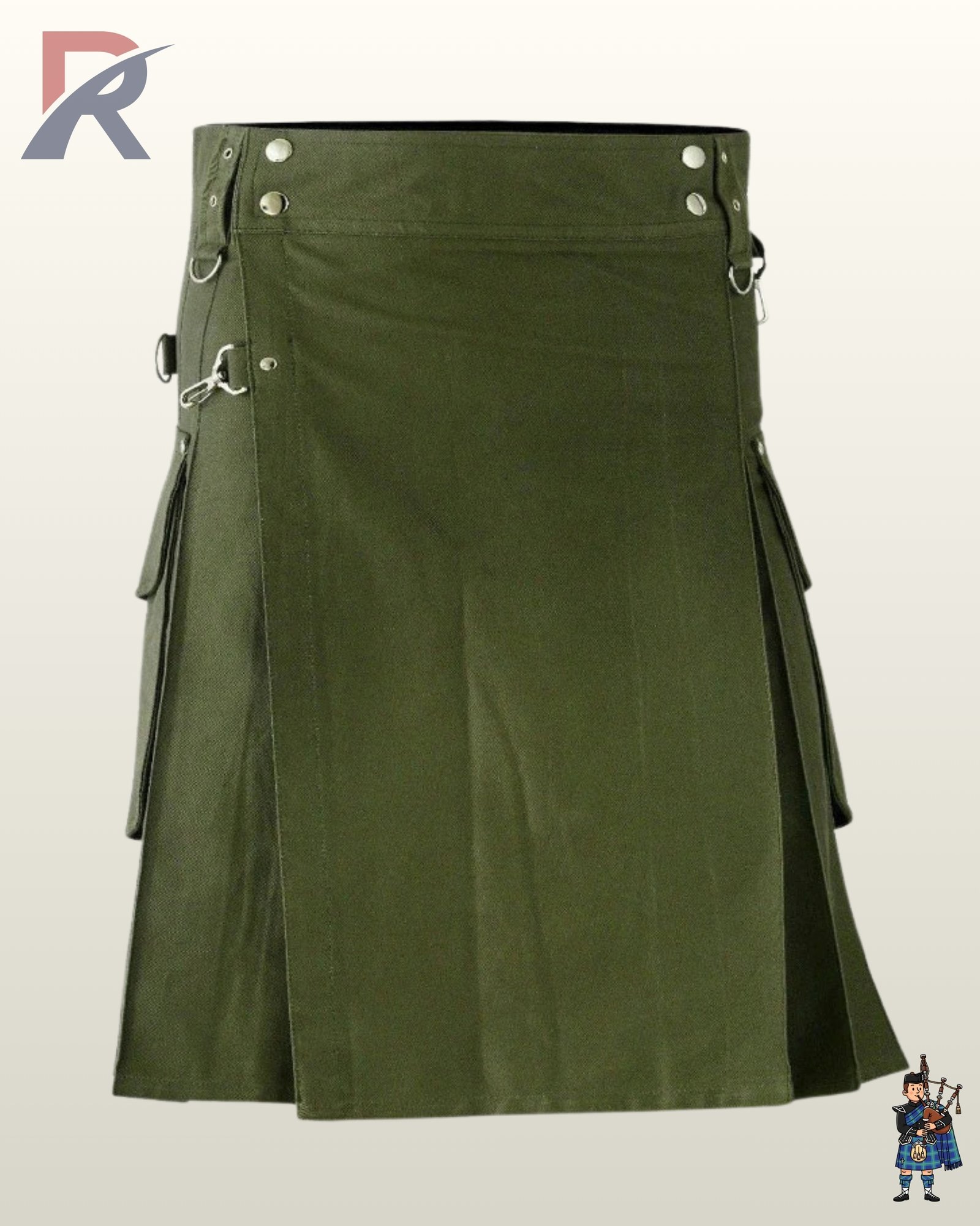 Men's olive green alternative fashion kilt showing side pleats, belt loops, and flap-closure cargo pouches.