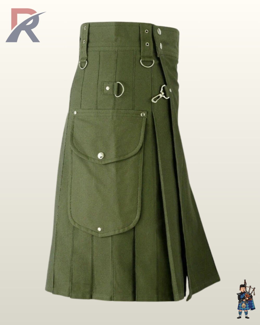 Gothic-style men's olive green utility kilt featuring adjustable eyelet straps and metal snap hardware.