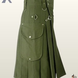Gothic-style men's olive green utility kilt featuring adjustable eyelet straps and metal snap hardware.