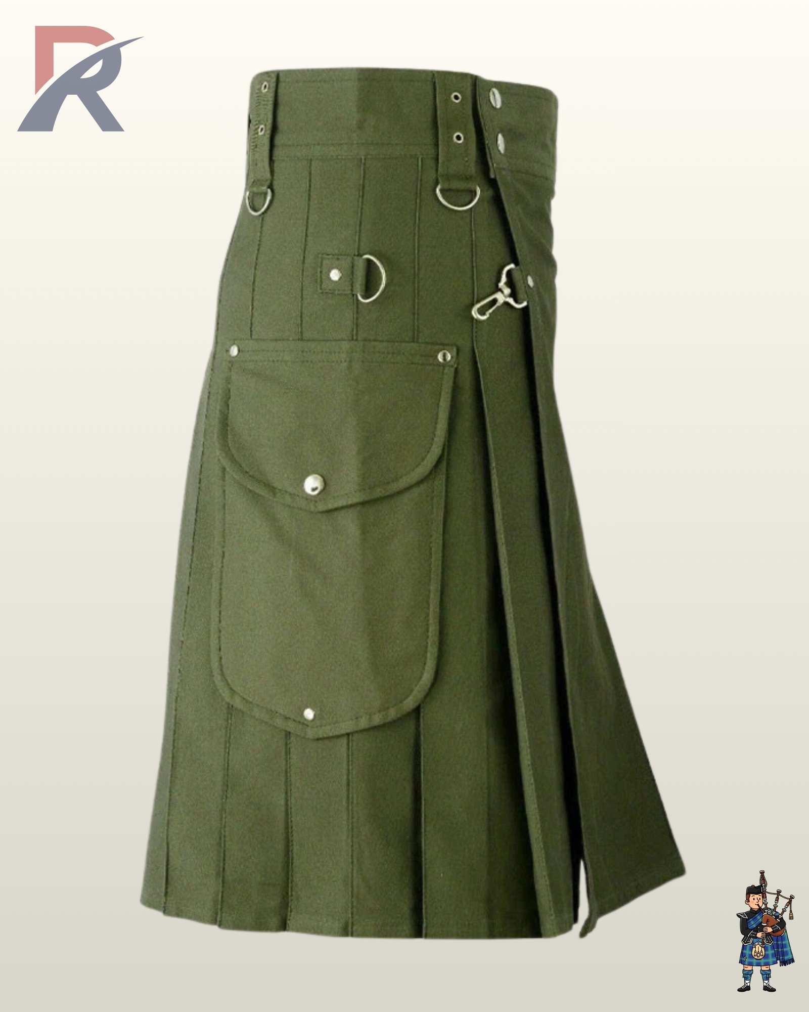 Gothic-style men's olive green utility kilt featuring adjustable eyelet straps and metal snap hardware.