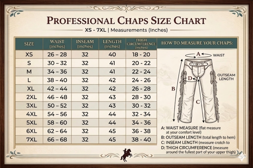 Detailed size chart guide for professional western leather chaps covering sizes XS through 7XL with waist, inseam, length, and thigh circumference measurements in inches.