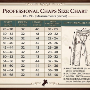 Detailed size chart guide for professional western leather chaps covering sizes XS through 7XL with waist, inseam, length, and thigh circumference measurements in inches.