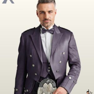 Front view of a model wearing a slate purple Prince Charlie kilt jacket outfit with a 3-button vest, bow tie, and fur sporran.