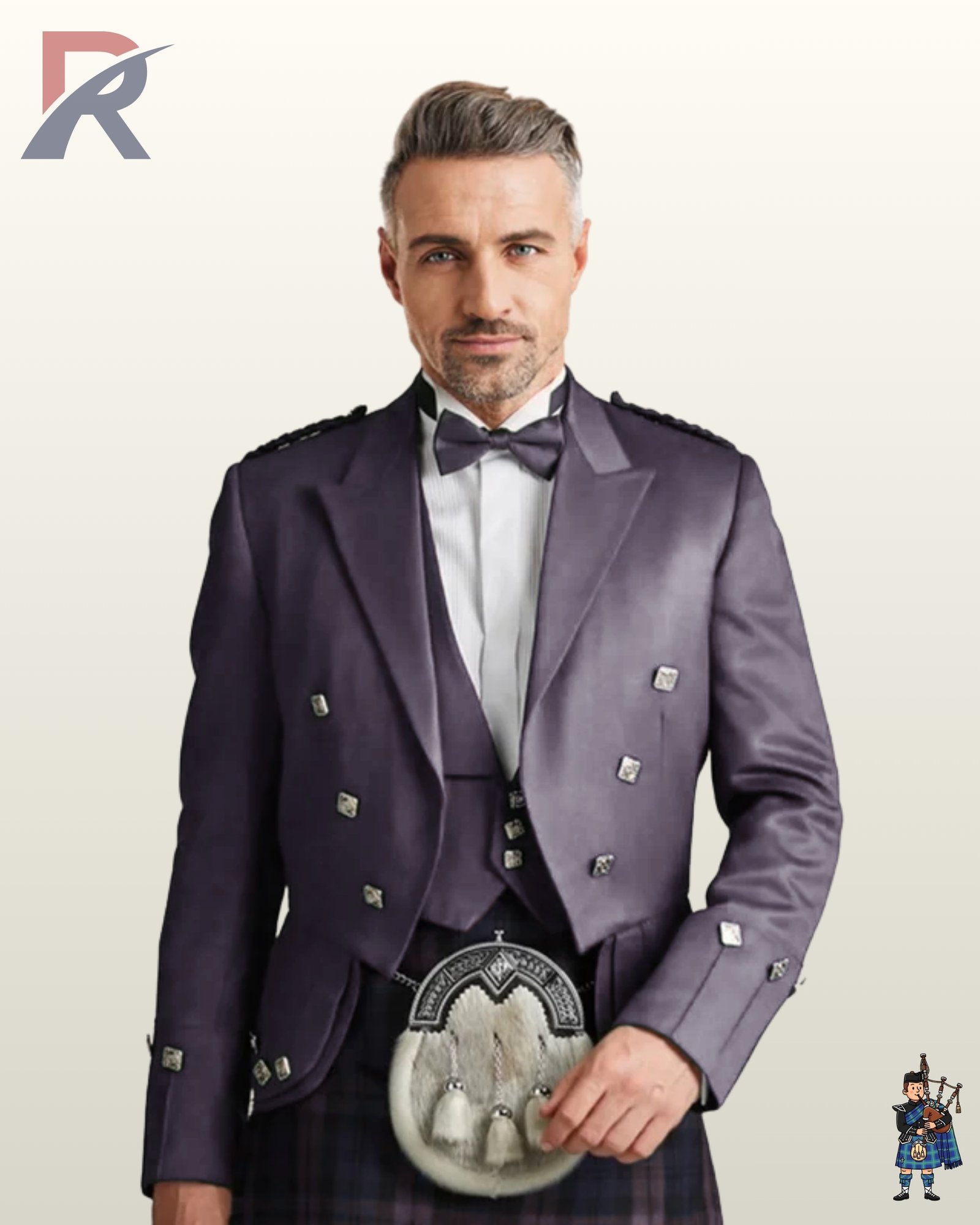 Front view of a model wearing a slate purple Prince Charlie kilt jacket outfit with a 3-button vest, bow tie, and fur sporran.