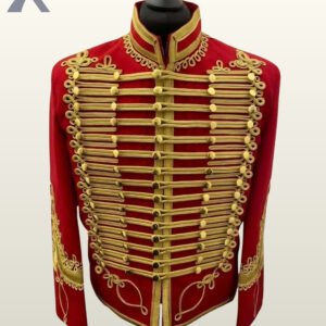 Front view of a red hussar military tunic jacket with extensive gold braiding, brass buttons, and standing collar.