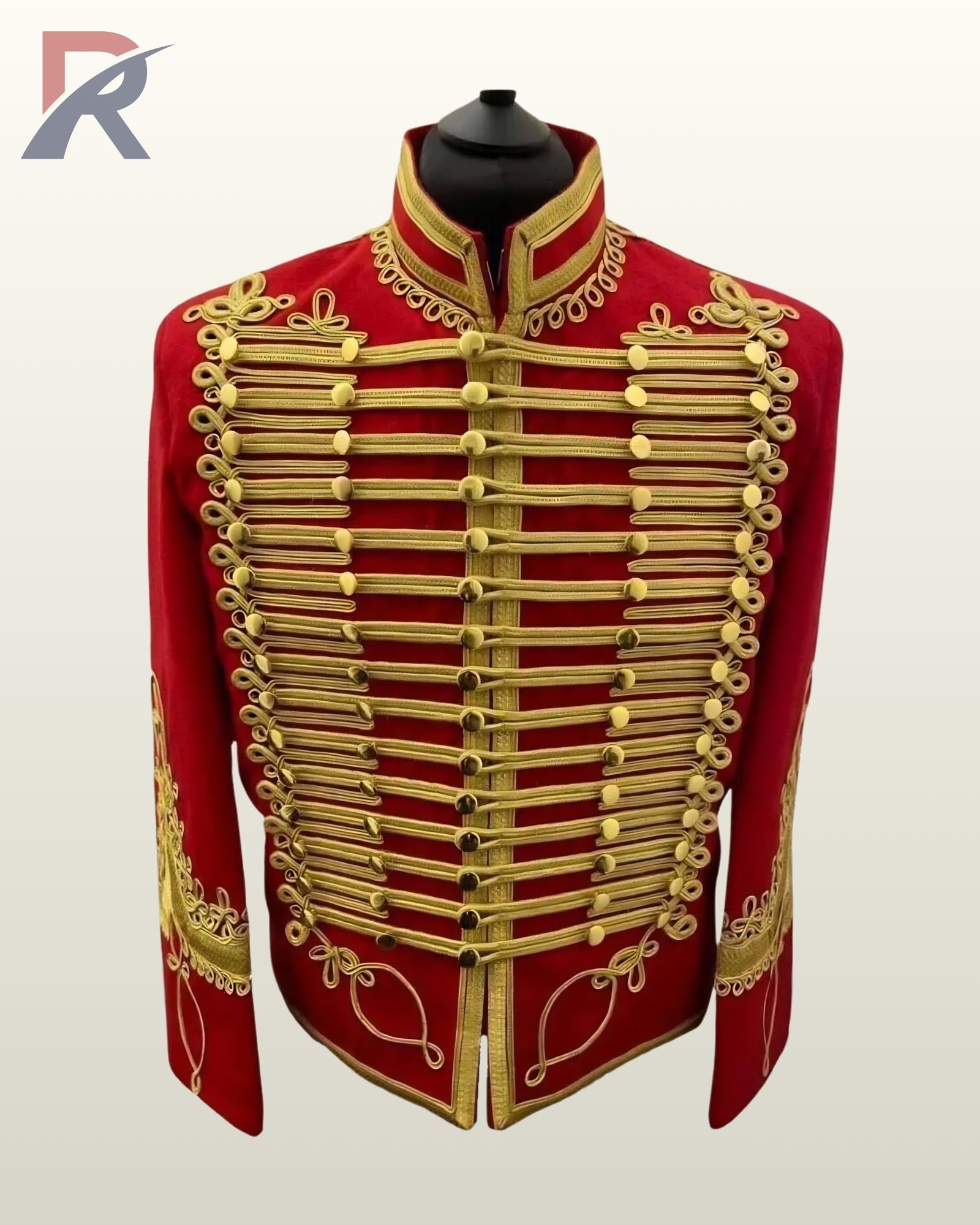 Front view of a red hussar military tunic jacket with extensive gold braiding, brass buttons, and standing collar.