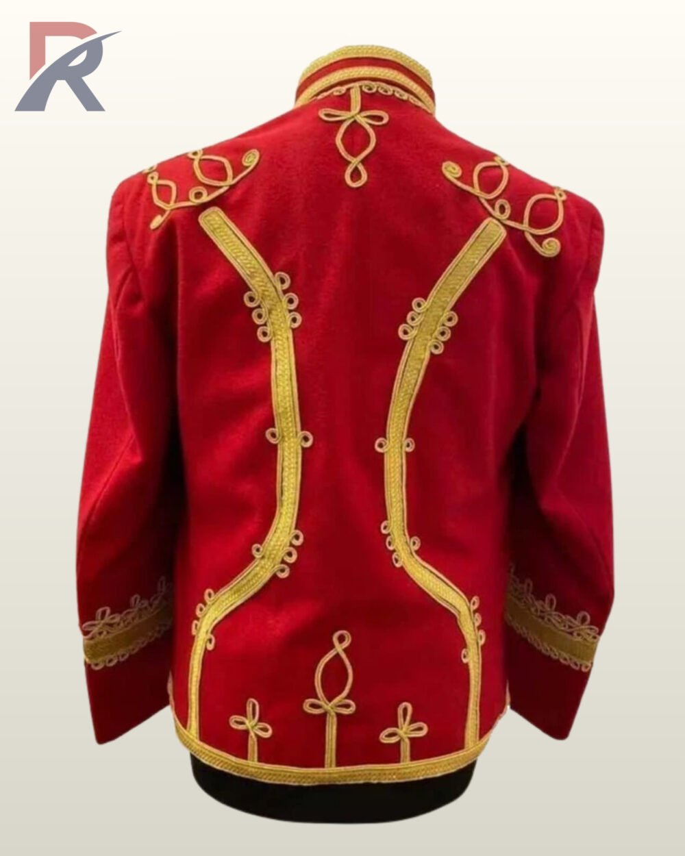 Back view of a red wool hussar military tunic featuring intricate gold braid trim and embroidery details.