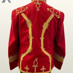 Back view of a red wool hussar military tunic featuring intricate gold braid trim and embroidery details.