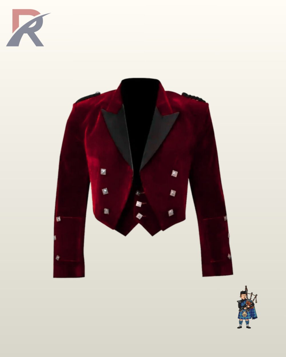 Formal Scottish men's burgundy red velvet Prince Charlie jacket set featuring square silver buttons and gauntlet sleeve cuffs.