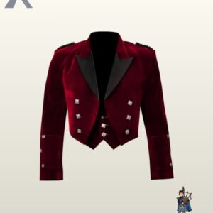 Formal Scottish men's burgundy red velvet Prince Charlie jacket set featuring square silver buttons and gauntlet sleeve cuffs.