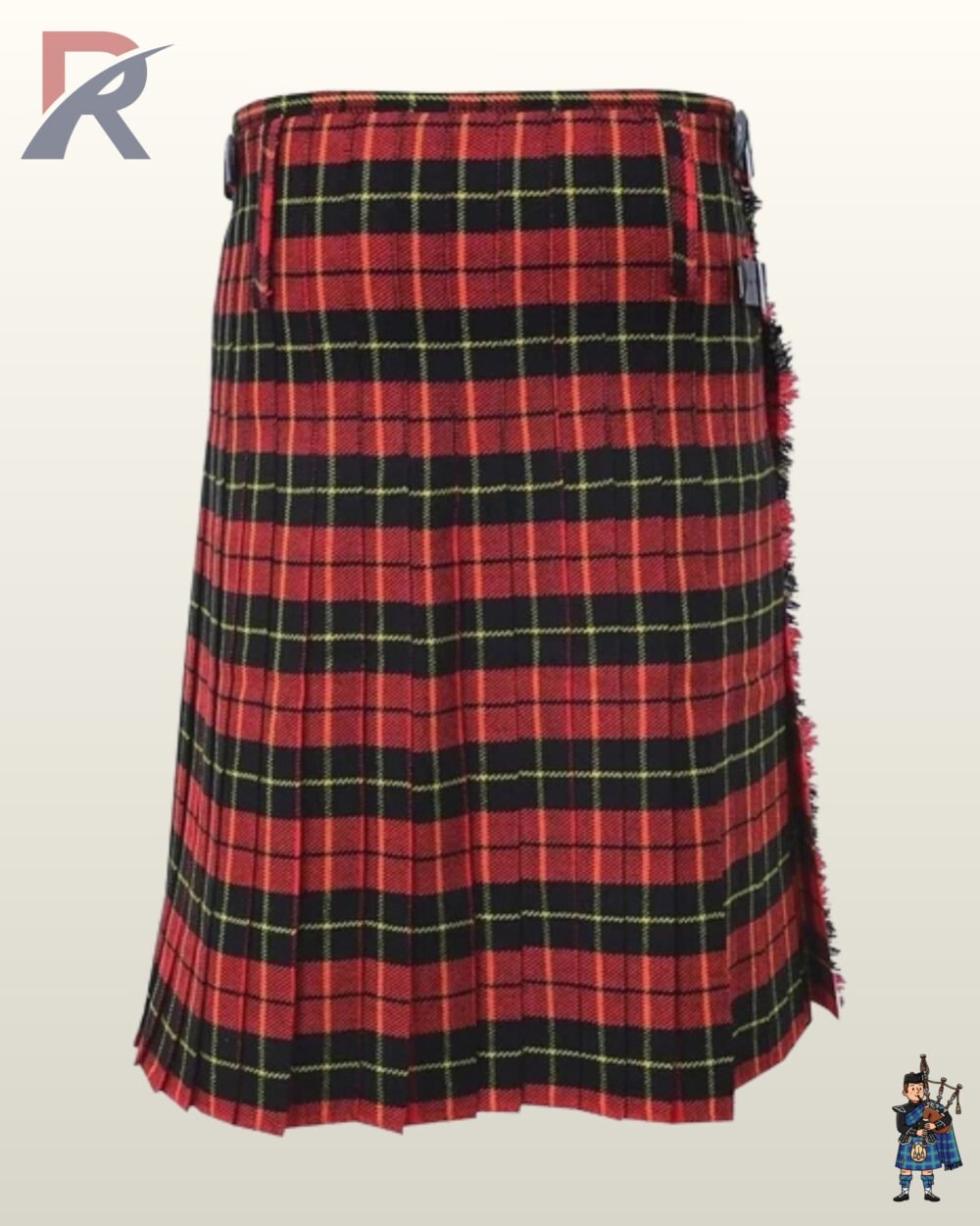 High-quality red Royal Stewart tartan kilt with adjustable leather waist straps for traditional dress.