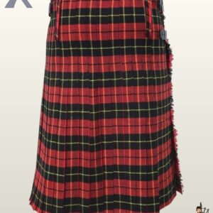 High-quality red Royal Stewart tartan kilt with adjustable leather waist straps for traditional dress.