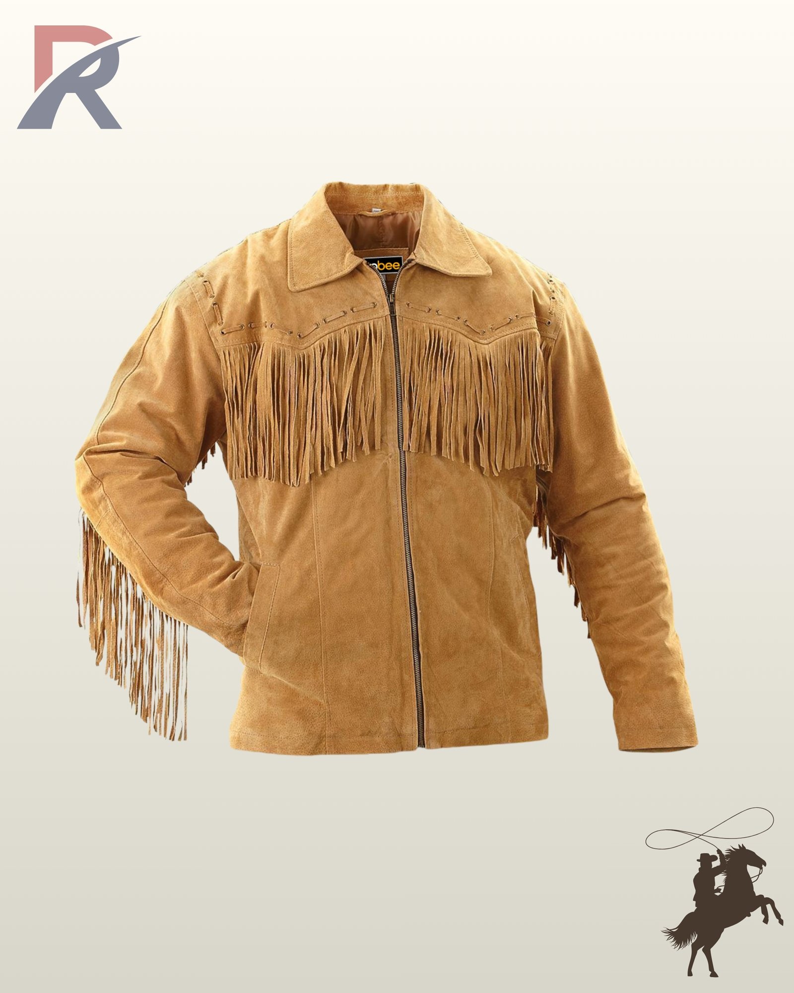 Front view of a men's camel tan suede western jacket featuring chest fringe yokes, leather whipstitching, zip closure, and side pockets.