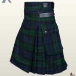 Men's Black Watch plaid tactical kilt displaying dual leather waist straps, snap buttons, and a spacious side pocket.