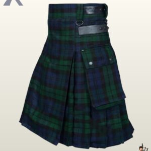 Men's Black Watch plaid tactical kilt displaying dual leather waist straps, snap buttons, and a spacious side pocket.