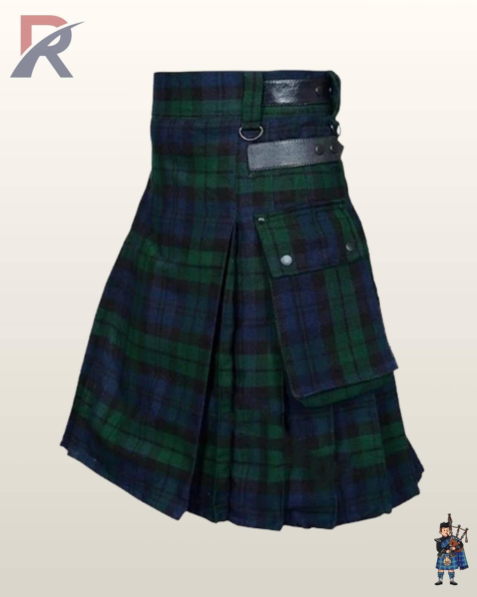 Men's Black Watch plaid tactical kilt displaying dual leather waist straps, snap buttons, and a spacious side pocket.