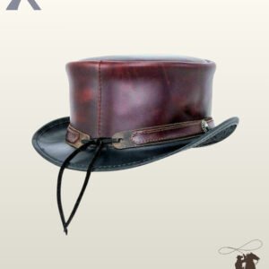 Rear view of a two-tone burgundy and black leather steampunk top hat displaying rear crown stitching, leather hatband tie, and adjustable chin cord.
