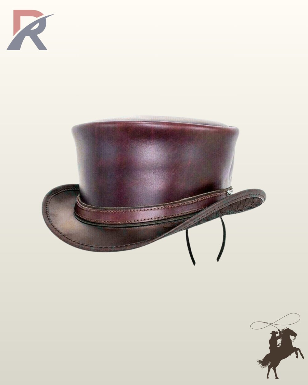 Side profile of a handcrafted two-tone leather steampunk top hat with a polished burgundy crown, stitched hatband, and curved black brim.