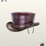 Side profile of a handcrafted two-tone leather steampunk top hat with a polished burgundy crown, stitched hatband, and curved black brim.