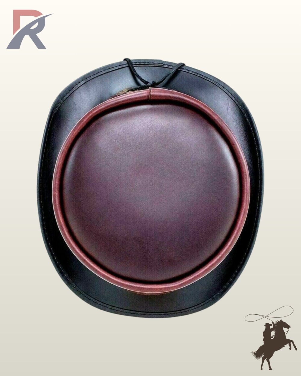 Overhead top view of a two-tone leather steampunk top hat featuring a rich burgundy crown and a curved black leather brim.