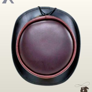 Overhead top view of a two-tone leather steampunk top hat featuring a rich burgundy crown and a curved black leather brim.
