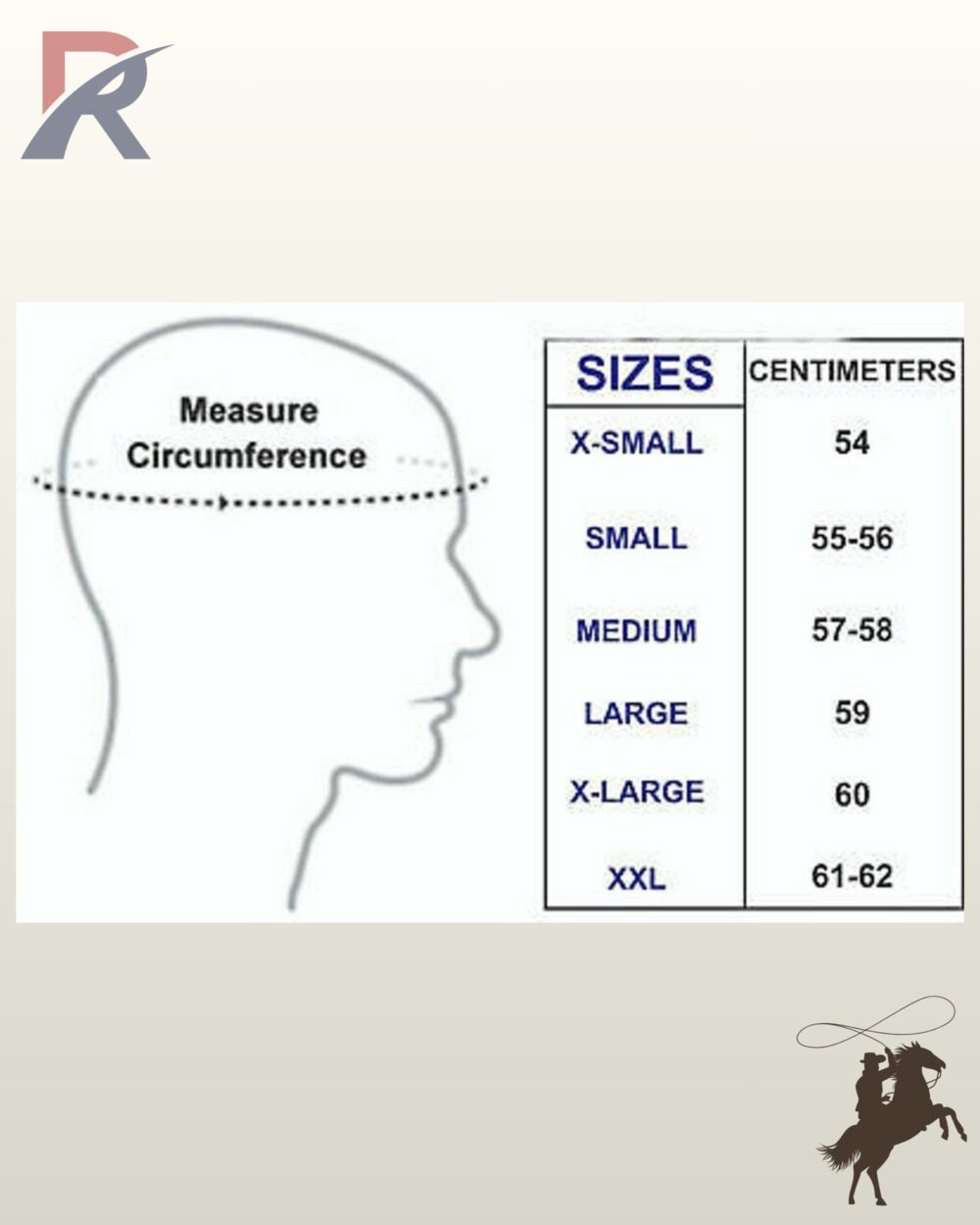 Hat size chart and head measurement guide covering sizes X-Small through XXL with head circumference measurements in centimeters.