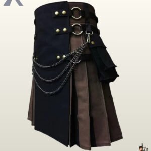 Gothic-style men's tactical canvas kilt displaying layered front metal chains, waist rings, and side cargo pockets.