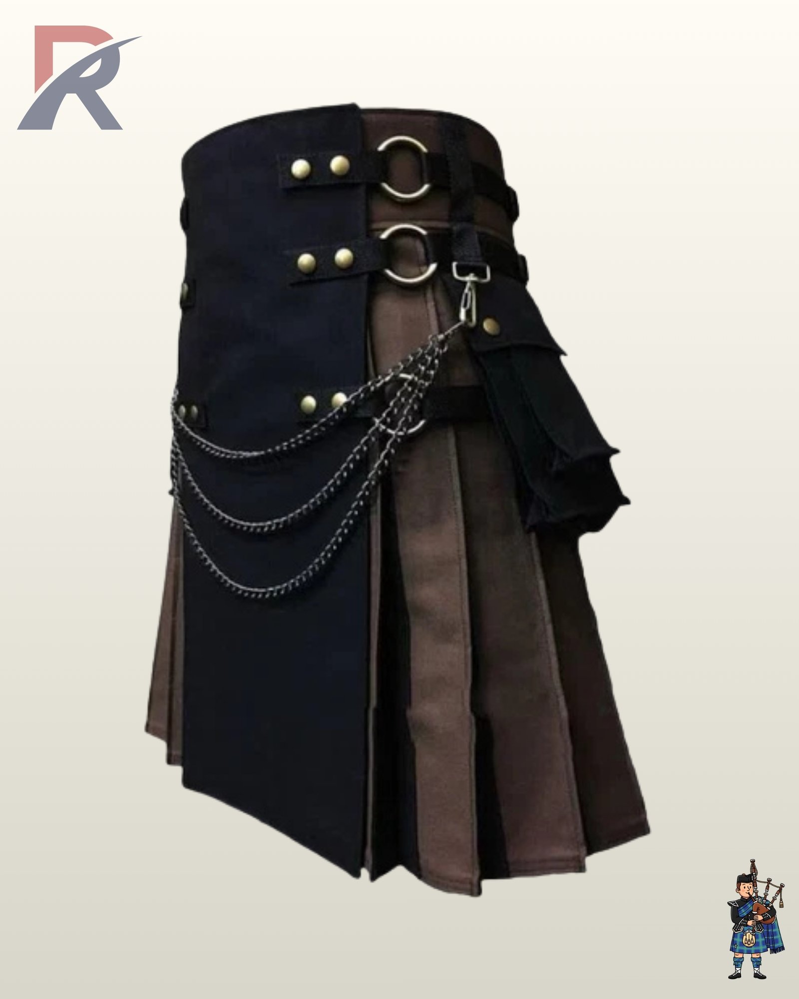 Gothic-style men's tactical canvas kilt displaying layered front metal chains, waist rings, and side cargo pockets.
