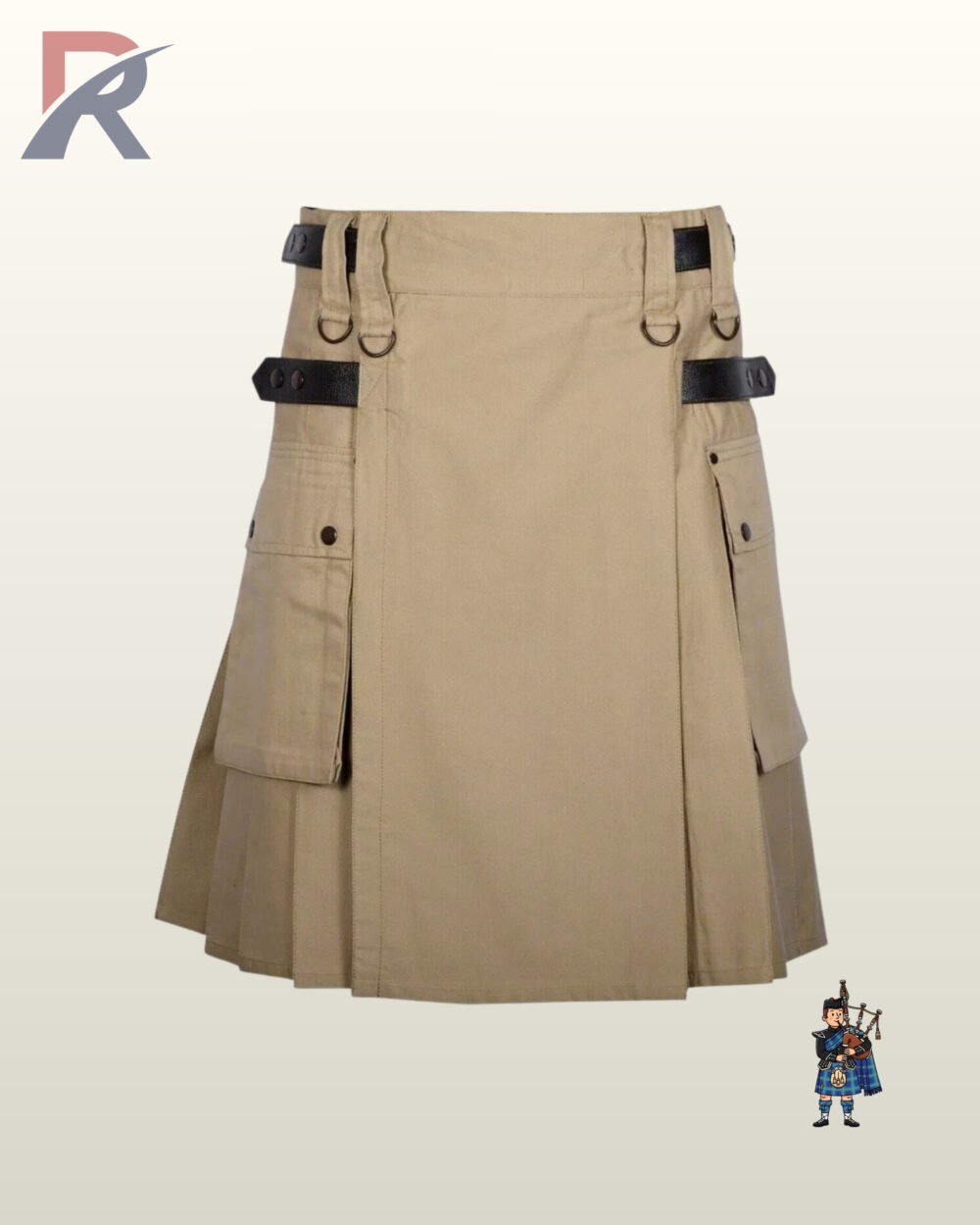 Men's heavy-duty khaki cotton kilt displaying flap-closure side pockets and a clean center apron.