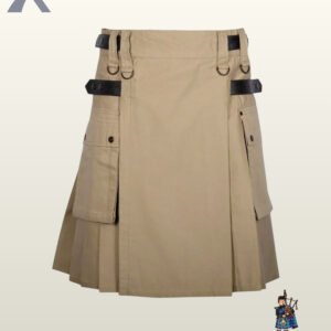 Men's heavy-duty khaki cotton kilt displaying flap-closure side pockets and a clean center apron.