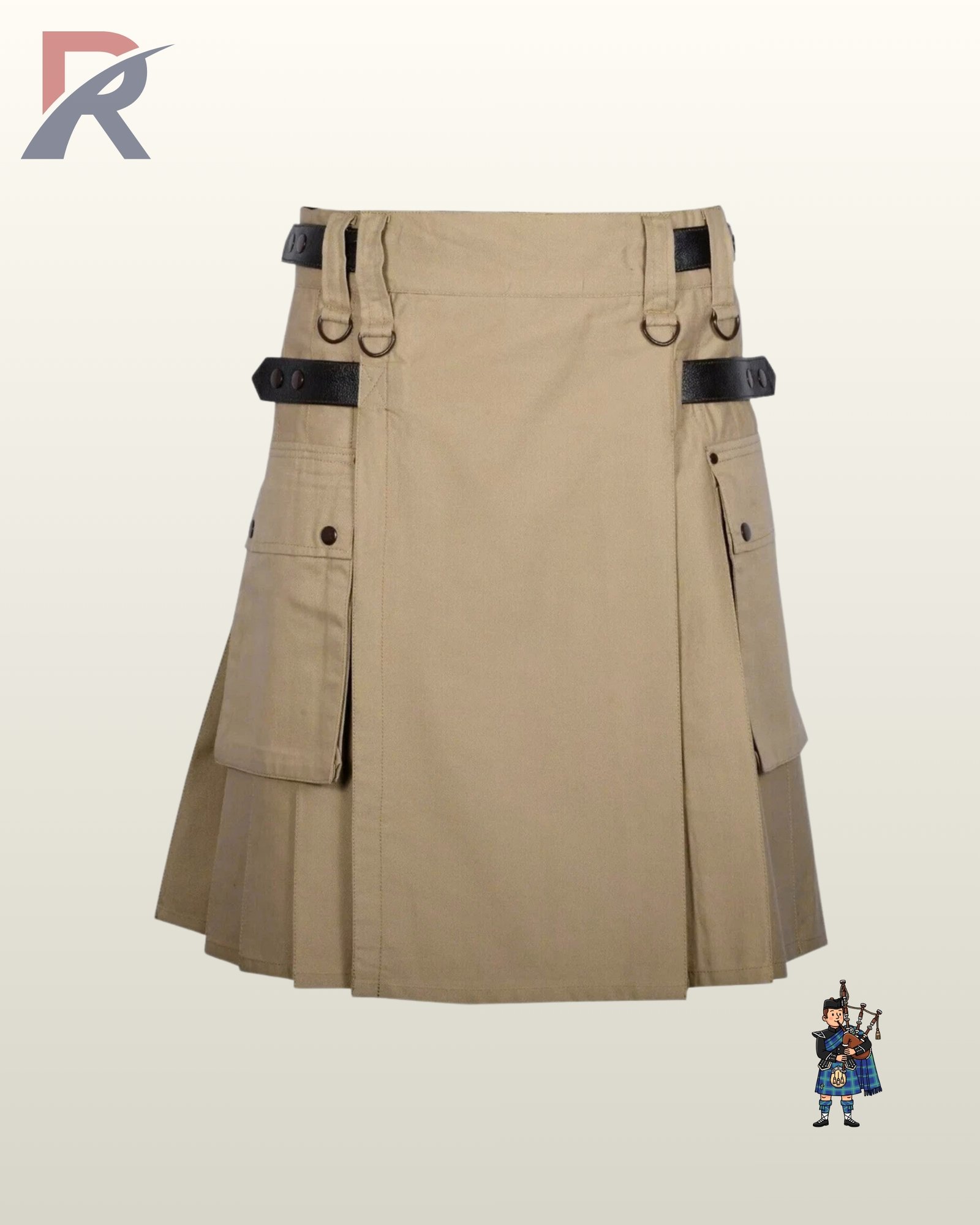 Men's heavy-duty khaki cotton kilt displaying flap-closure side pockets and a clean center apron.